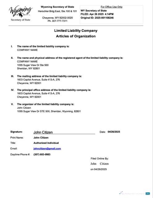 Download USA Wyoming articles of organization Word and PDF template Photoshop template